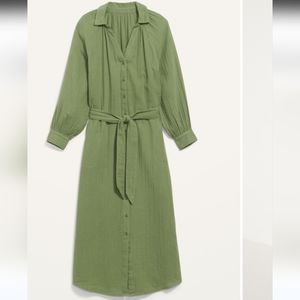 New Old Navy Sage Green Belted Midi Shirt Dress Size XXL Long Sleeve Cotton